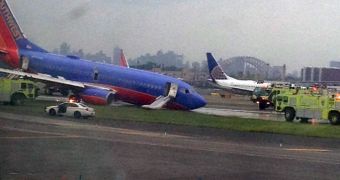A Southwest Airlines jet lands on its nose at LaGuardia Airport