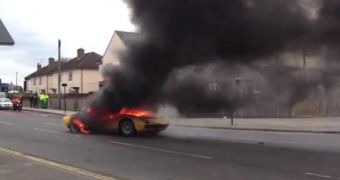 A Lamborghini bursts into flames on the streets of London