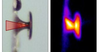 Combined image showing the laser pulse hitting a thin, conic film (left), and then penetrating deep within it (right)