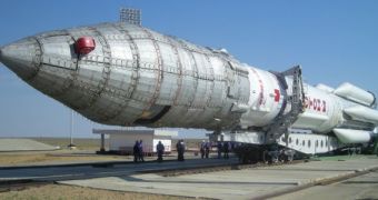 A Proton-M rocket being delivered to its launch pad