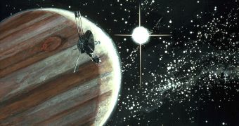 Artistic impression of the Pioneer 10 spacecraft during a fly-by around Jupiter