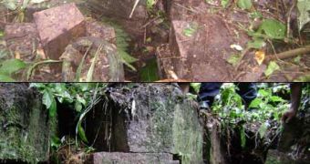 Cut stones (top) and masonry walls (bottom) recently found near Lobo Tahuantinsuyo