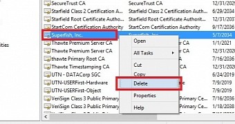Deleting Superfish root certificate from Windows certificate store