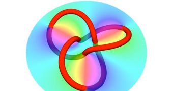 Light knots (in red and blue) are visible inside a special type of hologram (circle)