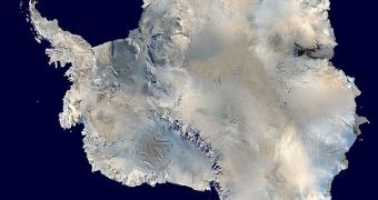 A composite, satellite image of Antarctica