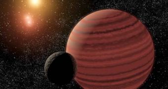 Artistic impression of a brown dwarf and its moon inside a triple star system