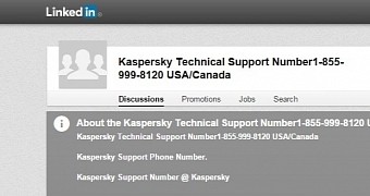 Post on LinkedIn promoting fake tech support for Kaspersky