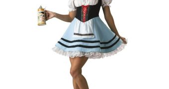 German waitress costume, with a traditional pint of beer in one hand
