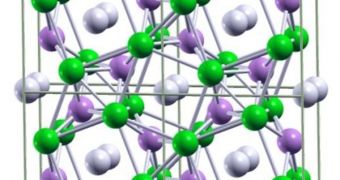 Ball-and-stick image of predicted metallic lithium-hydrogen crystal cells made of one lithium, or Li, atom and two hydrogen, or H, atoms. Li atoms are green, hydrogen pairs are white, and negatively charged H atoms are mauve