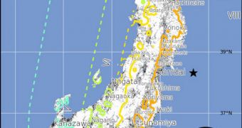 This image shows the epicenter of the March 11 tremor that struck Japan, and the areas most affected by its effects