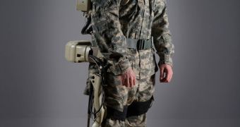 This soldier is wearing the Hulc robotic exoskeleton, developed by Lockheed Martin