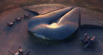 A rendering of the futuristic building to be used as a terminal for Spaceport America