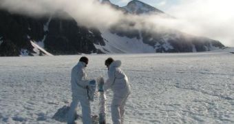 Dr Liane Benning and Jennifer Eigenbrode obtaining core samples in Friedrichbreen glacier, near Bockfjorden, during the AMASE 2009 campaign