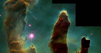Star forming pillars in the Eagle Nebula, as seen by the Hubble Space Telescope's now-defunct WFPC2 instrument