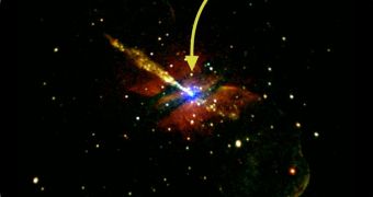 The arrow indicates the location of a low-mass black hole in the galaxy Centaurus A
