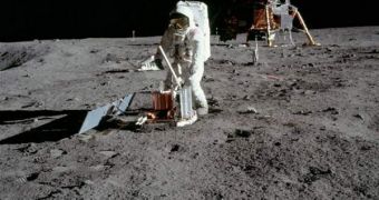 Apollo 11 image showing Buzz Aldrin installing a seismic sensor on the Moon in 1969