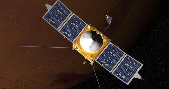 A rendering of MAVEN in Martian orbit