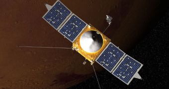 This is a rendition of the MAVEN orbiter around Mars