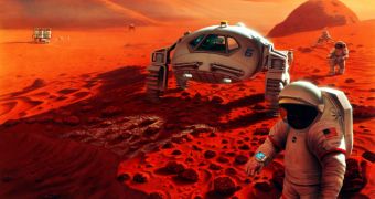 A rendering showing astronauts exploring the Red Planet