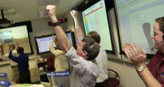Dr. Steve Squyres reacts to the images of Spirit leaving its lander, in 2004