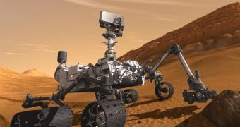 This CG image shows the Mars Science Laboratory (MSL) rover Curiosity studying rocks on the Red Planet