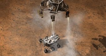 Rendition showing the Sky Crane system lowering the MSL rover Curiosity on the surface of Mars