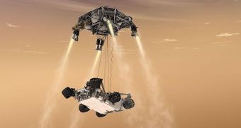 This rendition shows how the MSL rover Curiosity will be deployed on the surface of Mars