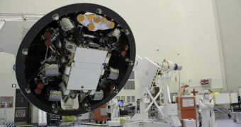 This image shows the top half of the MSL aeroshell covering the Curiosity rover and the Sky Crane landing system