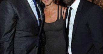 Jennifer Aniston and rumored beau Justin Theroux pose with Jason Sudeikis