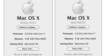 Screenshots of the TUAW reader's "about this Mac" showing Mac OS X 10.6.3 Build 10D572