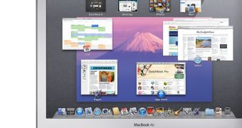 Mac OS X Lion running on a MacBook Air - Mission Control feature showcased