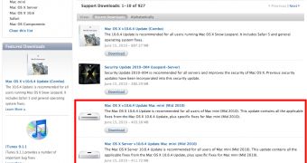 A screenshot of Apple’s Support / Downloads area showing the availability of separate updates for the company’s new Mac mini