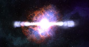 Artist's rendition of a massive star explosion generating GRB