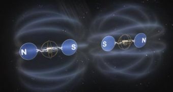 Artistic impression of two spacecrafts maitaining flight formation with the help of magnetic fields