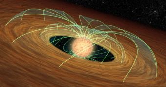 This rendition shows interactions between a star's magnetic fields and its protoplanetary disk, which slows down its rotation considerably