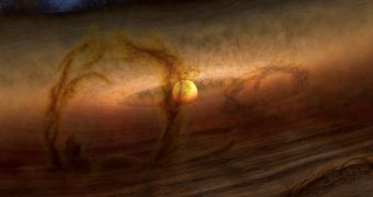 Rendering of gas and dust suspended in a magnetic loop, above the plane of a protoplanetary disk around a young star