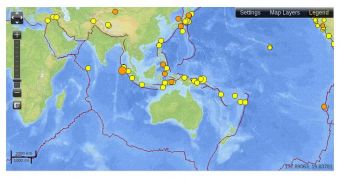 The largest orange dot (center-left of the image) represents the epicenter of the earthquake that occurred off Sumatra today