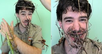 Evan Armstrong, an invertebrate keeper, has decided to cover his face with creepy stick bugs