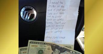A note supporting a soldier's efforts has been left on his girlfriend's car