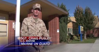 Craig Pusley graduated from the Marine boot camp in San Diego, but was never deployed, and borrowed a sergeant's uniform
