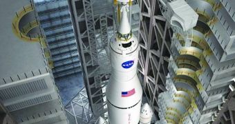 A rendering of the SLS being assembled at the Kennedy Space Center's Vehicle Assembly Building