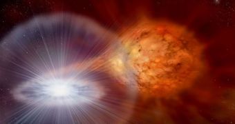 Artist's rendition of a white dwarf going nova as it accretes mass from a larger companion