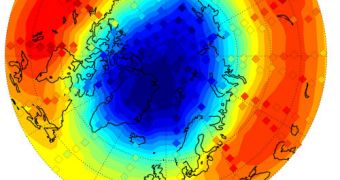 Arctic temperature field for March 6, 2011, when ozone depletion started. This field was derived from MIPAS measurements
