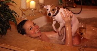 Mariah Carey and one of her dogs take a bubbly bath
