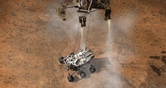 A rendition of the innovative Sky Crane landing system lowering Curiosity on the surface of Mars