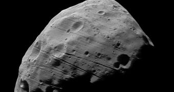 On 23 July 2008, the High Resolution Stereo Camera on board the ESA’s Mars Express took the highest-resolution full-disc image yet of the surface of the moon Phobos