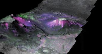 3D image showing the presence of clay deposits (magenta and blue) along canyon walls and slopes
