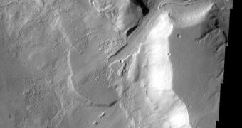This is an image of an ancient delta on the surface of Mars