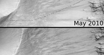 HiRISE images showing how tracks left by a falling boulder were covered up within a single Martian year