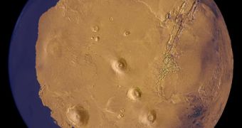 An artist's reconstruction shows Mars as it might have looked more than two billion years ago, with a massive ocean filling a basin that now lies in the planet's north.
